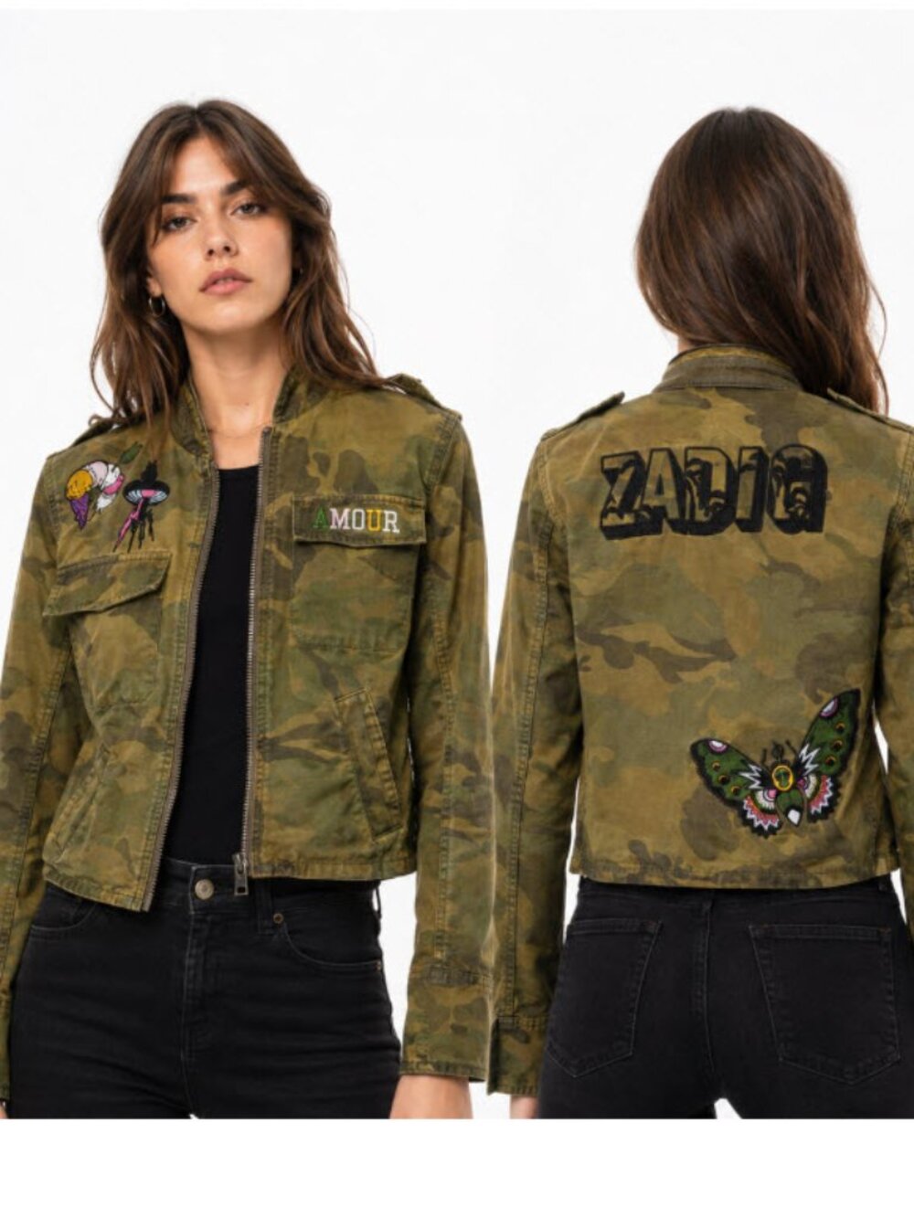 Zadig & Voltaire Kavys Camo Embroidered Patch Jacket XS Olive